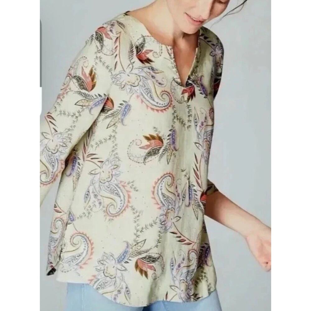 J Jill Love Linen Yellow Top Floral Paisley Tie Sleeve Coastal Cottage XS